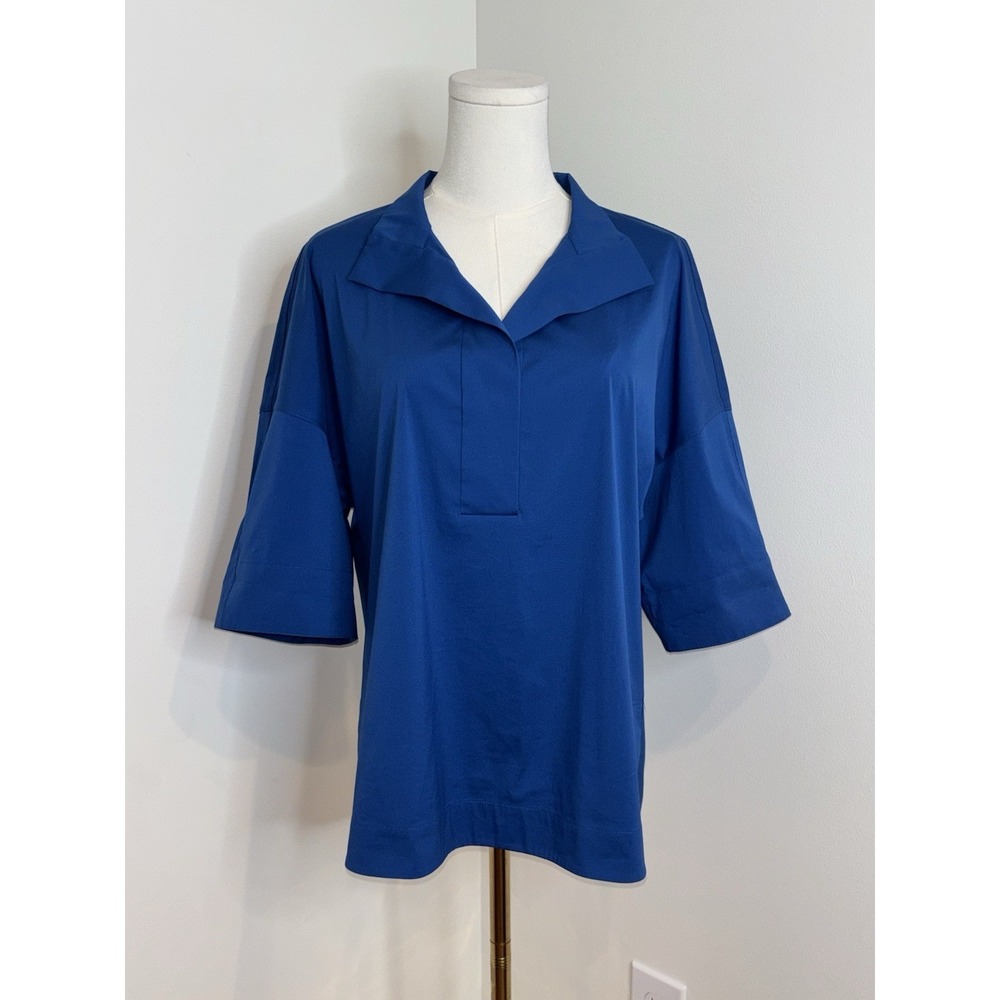 Lafayette 148 New York collared Split Neck 3/4 Sleeve Blue Shirt Women's Small